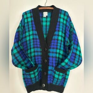 Vintage 1980s Shaggy Wool Plaid Cardigan